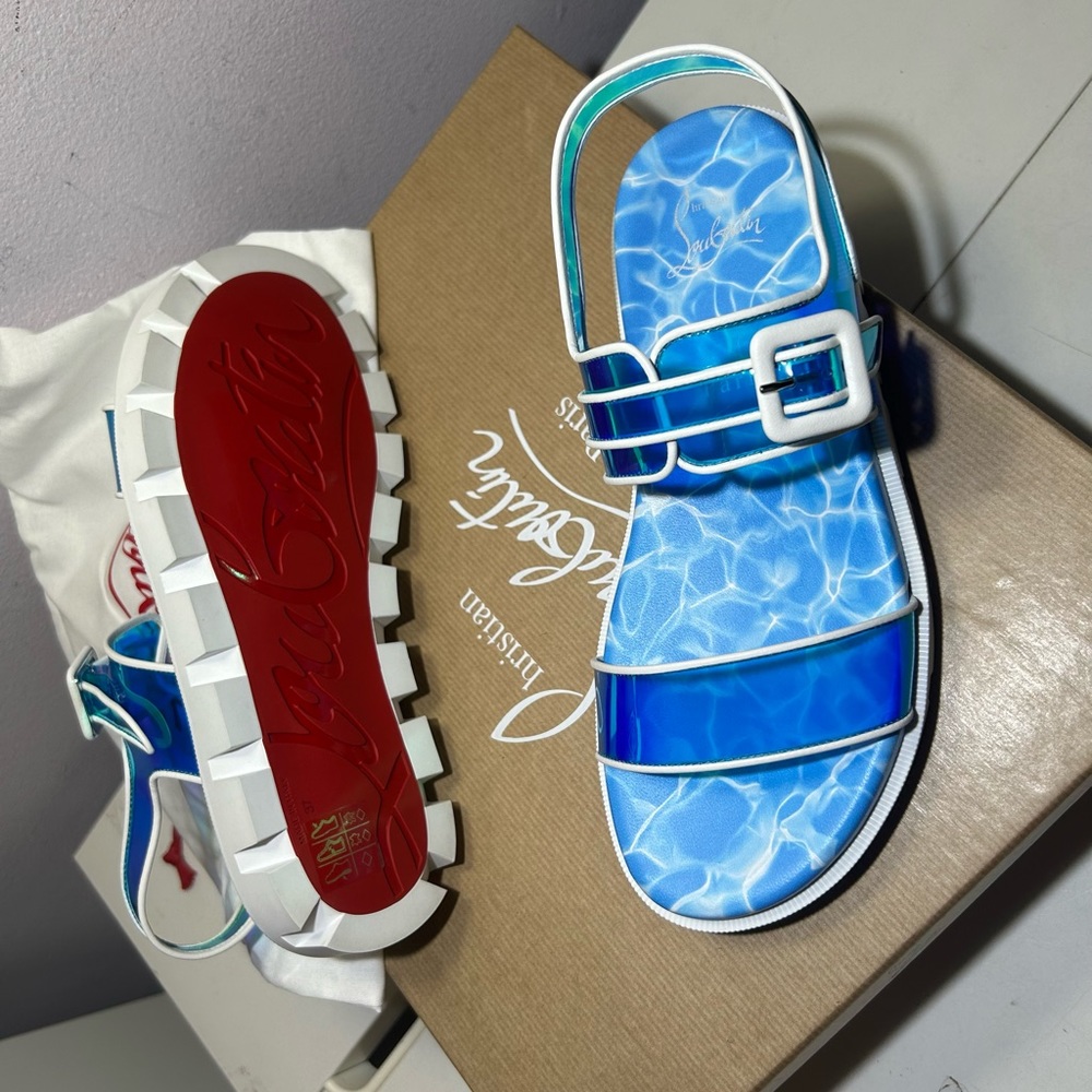 NEW CHRISTIAN LOUBOUTIN DUNISS COOL SANDALS IRIDESCENT BLUE/WHITE LUG SOLE SZ 37 - Picture 16 of 16